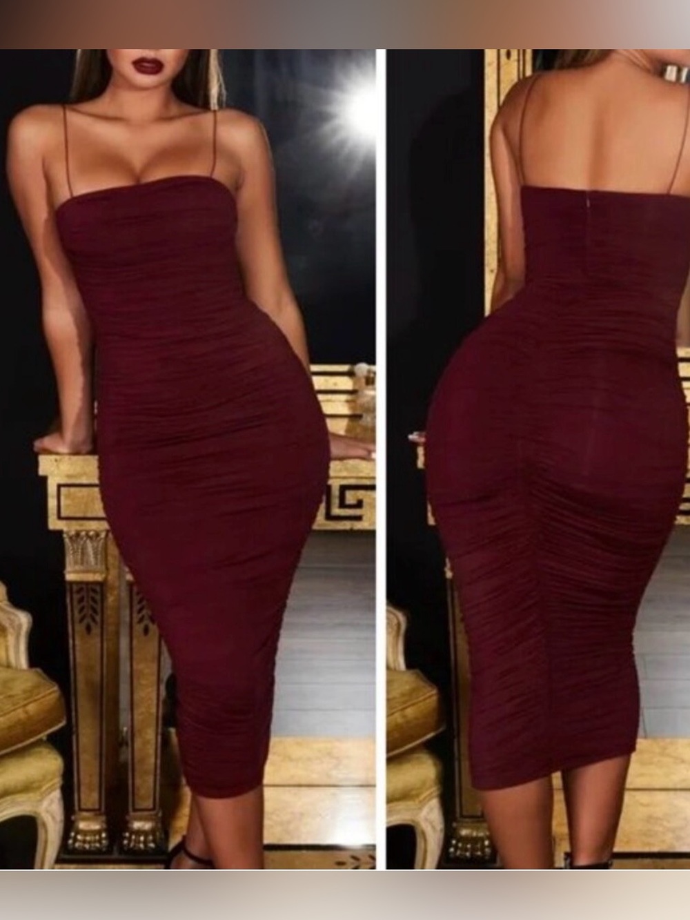 New Oh Polly Bodycon Ruched Midi Dress in Burgundy
